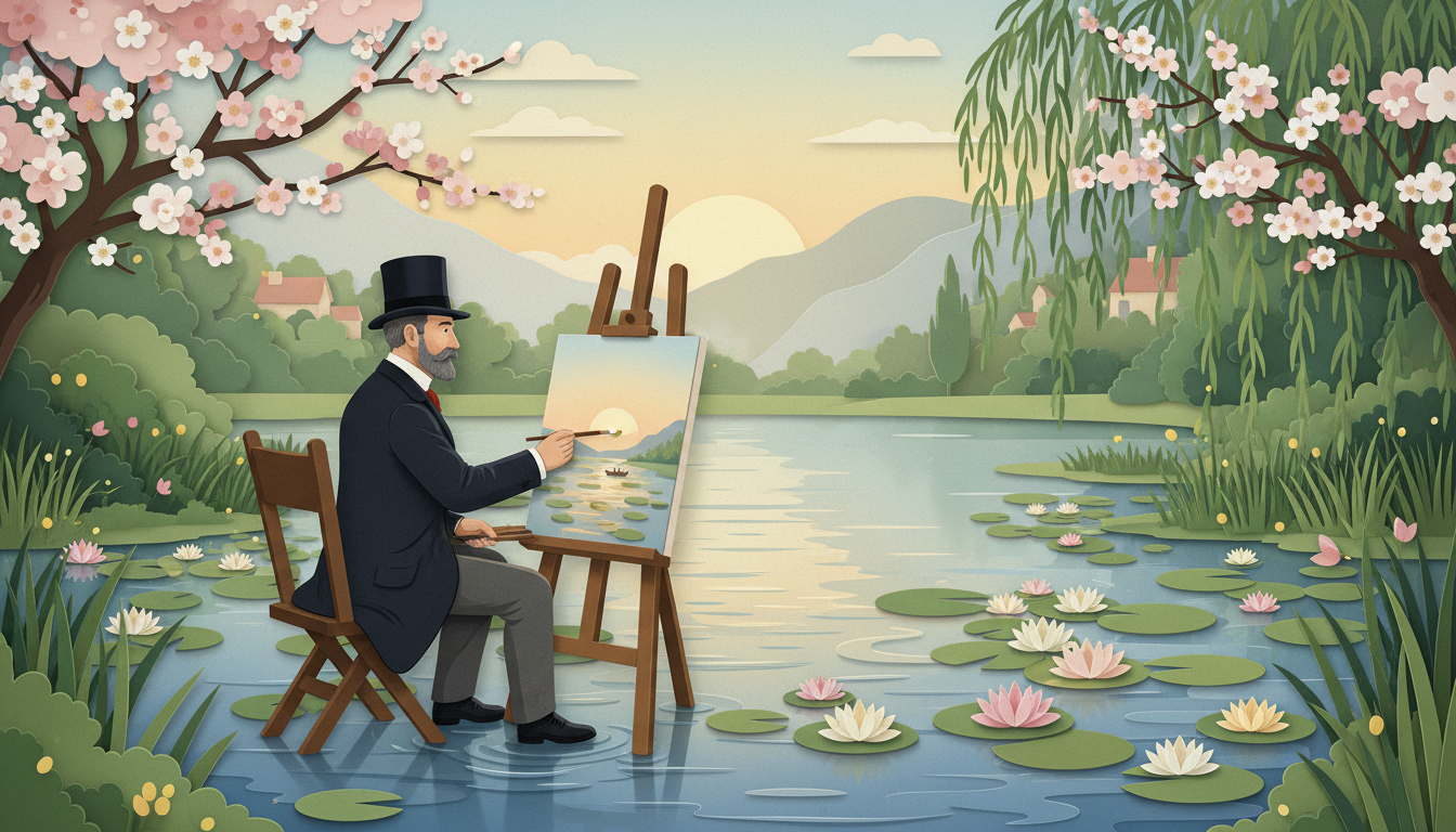 Claude Monet painting in his water garden at Giverny