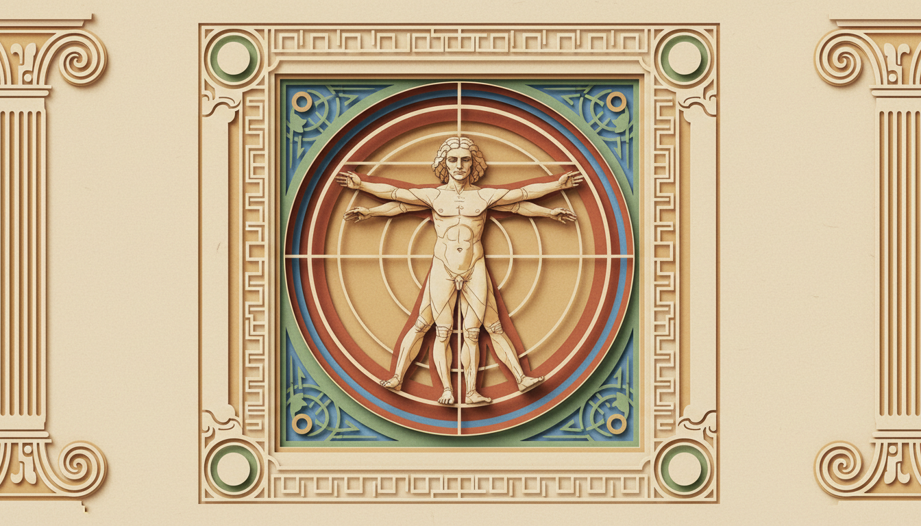 Leonardo da Vinci's Vitruvian Man, pen and ink drawing of a nude man in circle and square